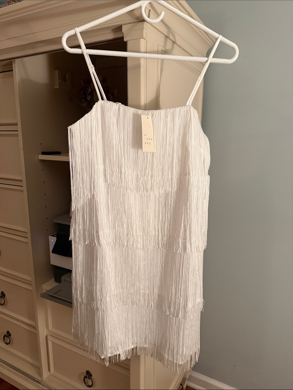 White Fringe Slip Dress with Spaghetti Straps